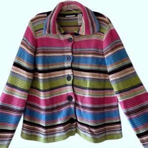 Liz Claiborne Villager Womens Stripped Knit Cardigan Sweater  Button Up Large L